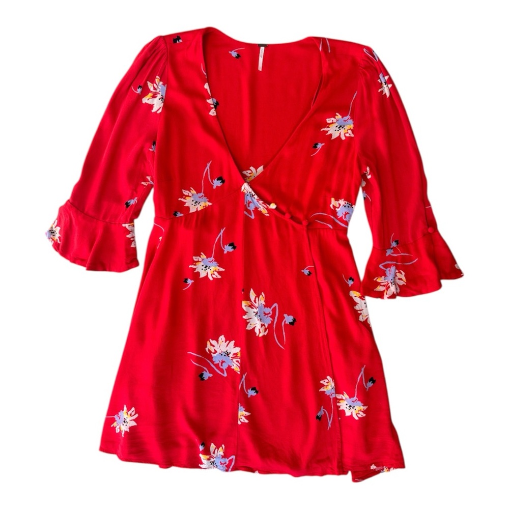 Free People Time On My Side Floral Wrap Mini Dress Red Boho V Neck Small - Picture 2 of 5